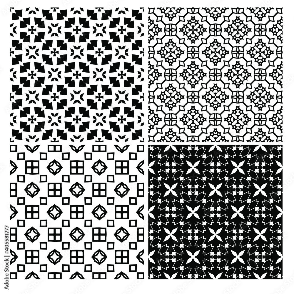 Fototapeta premium Set of four black and white seamless hand drawn texture designs for backgrounds, vector illustration.