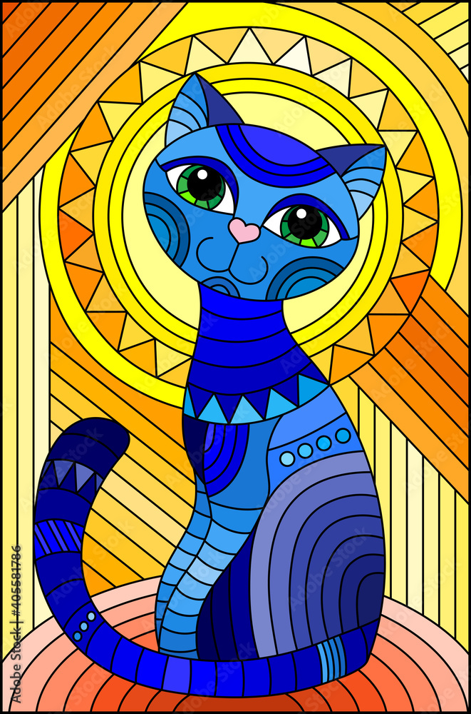 Illustration in stained glass style with abstract geometric blue cat and the sun on an abstract orange background, rectangular image