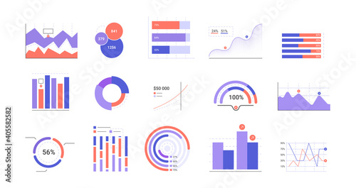 Set of simple infographic graphs and charts. Data visualization. Statistics and business presentations. Vector flat illustration.