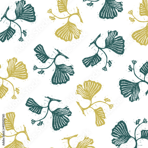 Vector background with yellow and blue ginkgo leaves. Ginkgo leaf background engraving. © Katya