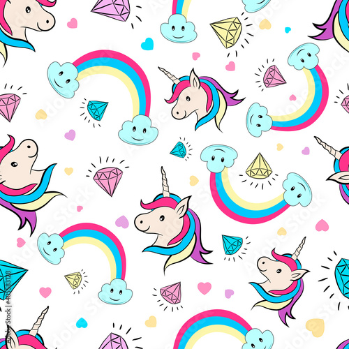 Seamless pattern with cute unicorns and magic items. Cute collection of unicorns with flowers and magic items. Cute magic background with unicorn, rainbow and stars.