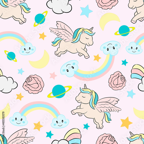 Seamless pattern with cute unicorns and magic items. Cute collection of unicorns with flowers and magic items. Cute magic background with unicorn  rainbow and stars.
