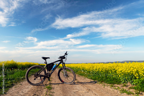 Black male bike on blooming yellow rapeseed field. Breathable landscape with blue cloudy sky at rural contrside © Ivan Kmit