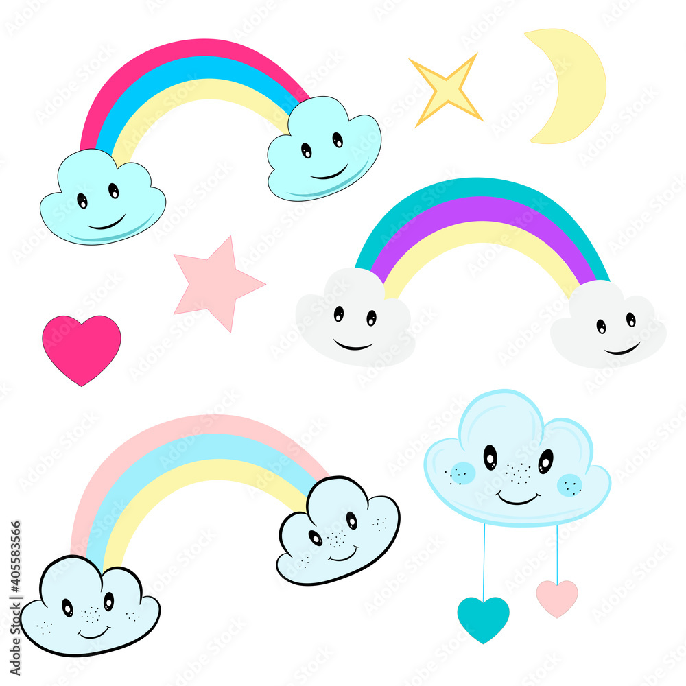 Magic cute unicorn in cartoon style. Cute magic background with bright rainbows and stars. A set of multicolored rainbows and magic items.