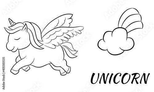 Magic cute unicorn in cartoon style. Unicorn on a rainbow. Cute magic background with unicorn, rainbow and stars.