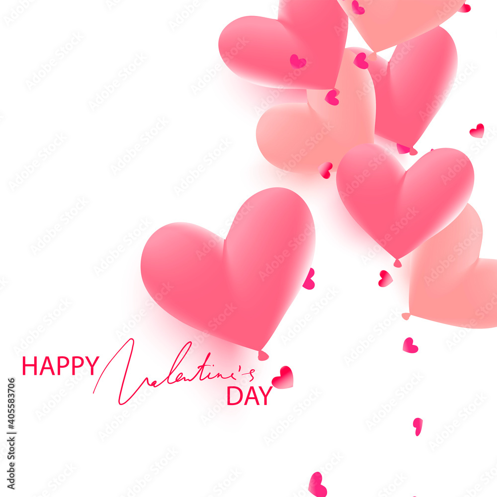 Pink heart shaped balloons and confetti for Valentine's day. Vector