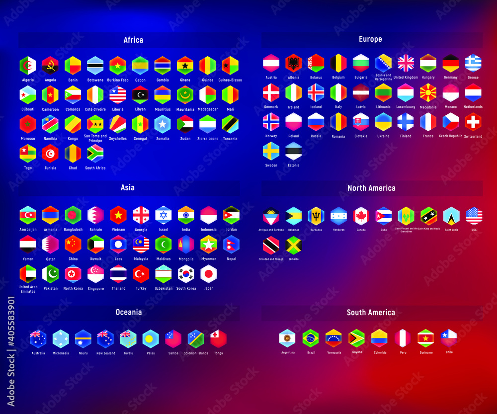Set hexagonal flags of countries. Unusual gradient with glow isolated on colored background. Vector eps 10.