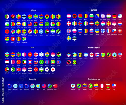 Set hexagonal flags of countries. Unusual gradient with glow isolated on colored background. Vector eps 10.