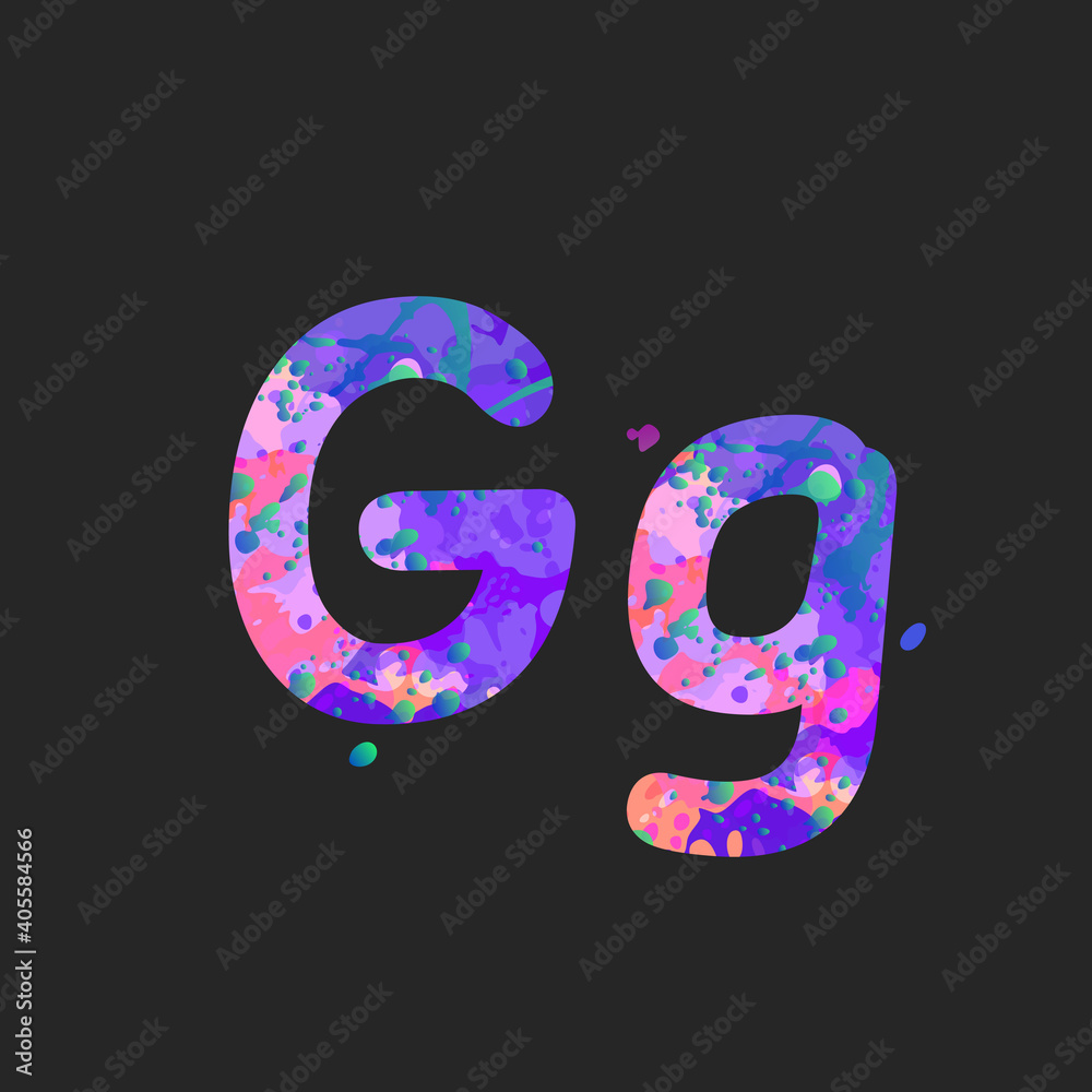 Letters G uppercase and lowercase with effect of liquid spots of paint in blue, purple, pink colors, isolated on dark grey. Decoration element for design of a flyer, poster, cover, title. Vector Letters G uppercase and lowercase with effect of liquid spots of paint in blue, purple, pink colors, isolated on dark grey. Decoration element for design of a flyer, poster, cover, title. Vector