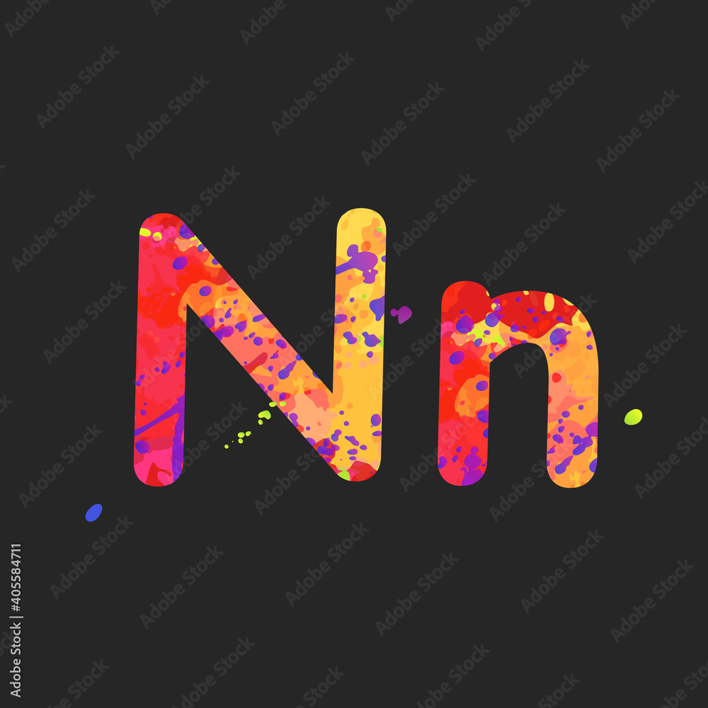 Letters N uppercase and lowercase with effect of liquid spots of paint in red, purple, yellow colors, isolated on dark grey. Decoration element for design of a flyer, poster, cover, title. Vector Letters N uppercase and lowercase with effect of liquid spots of paint in red, purple, yellow colors, isolated on dark grey. Decoration element for design of a flyer, poster, cover, title. Vector