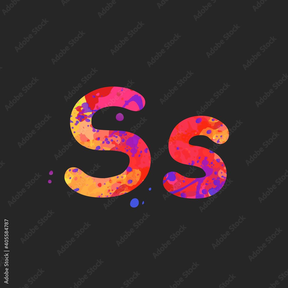 Letters S uppercase and lowercase with effect of liquid spots of paint in red, purple, yellow colors, isolated on dark grey. Decoration element for design of a flyer, poster, cover, title. Vector Letters S uppercase and lowercase with effect of liquid spots of paint in red, purple, yellow colors, isolated on dark grey. Decoration element for design of a flyer, poster, cover, title. Vector