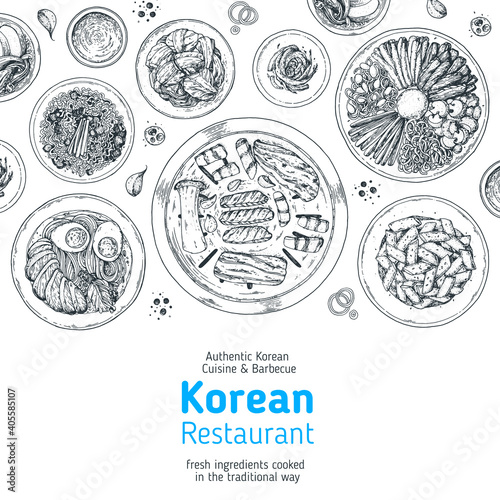Korean food top view illustration. Hand drawn sketch. Korean street food  take away menu design. Vector illustration.