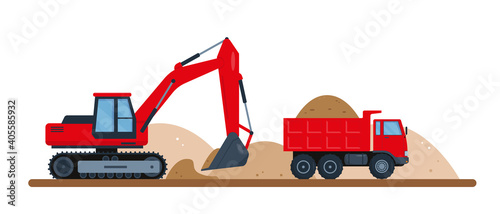 Red excavator digs soil and dump truck.