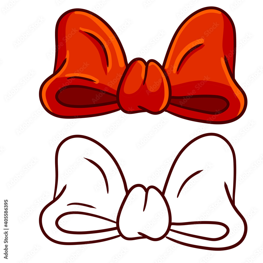 Red bow. Clothing decoration and women hair accessories. Set of color and black and white objects. Cartoon illustration Red bow. Clothing decoration and women hair accessories. Set of color and black and white objects. Cartoon illustration