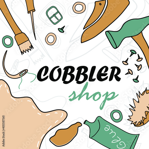 Shoe workshop. Shoe repair tools. Flat style. Design for banner, poster, signboard, flyer, magazine, newspaper, advertisement. Isolated on white. Vector illustration.