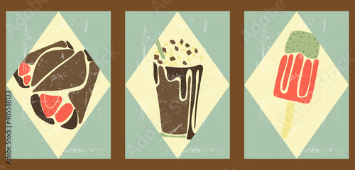 Vintage posters with delicious food. Fast food illustrations for interior design, cafes, menus, social networks, advertising. Minimalist backgrounds with pancakes, chocolate cocktail, ice cream.