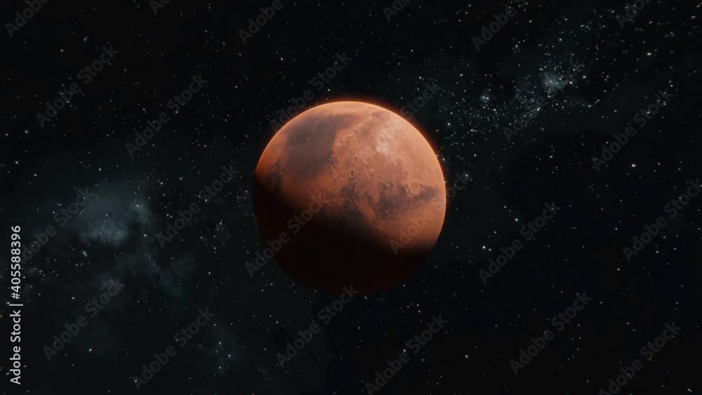 Tracking out shot of Mars planet in open space over stars background. Leaving Mars view in 4k