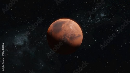 Tracking out shot of Mars planet in open space over stars background. Leaving Mars view in 4k