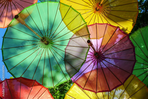 colorful umbrella in the sky, Colorful decorative umbrellas. Colorful umbrellas suspended in the air 
