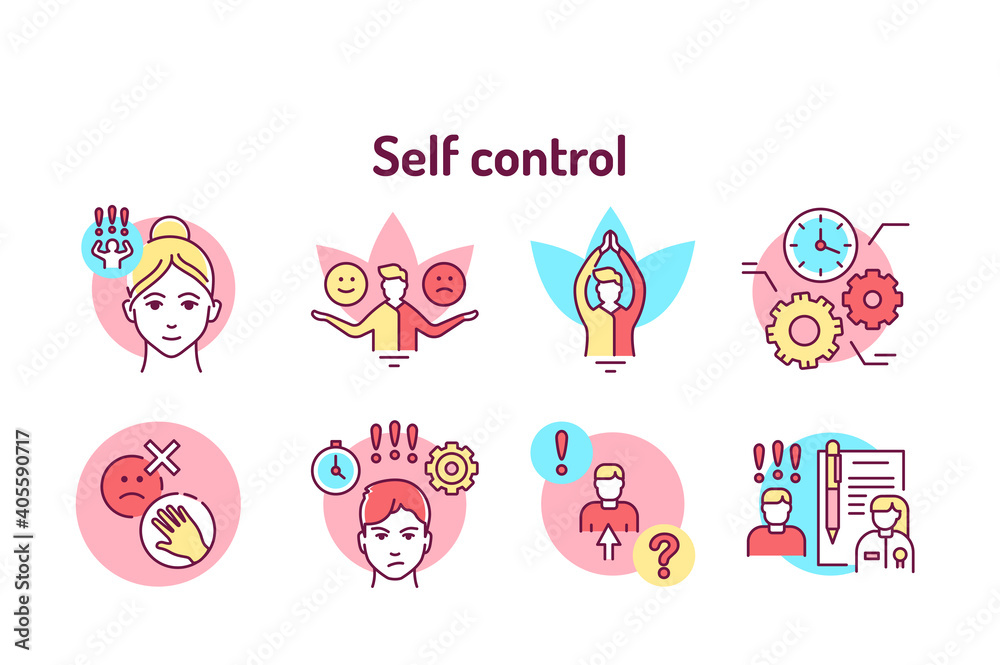 Self control color line icons set. Ability to regulate one's emotions, thoughts, and behavior in the face of temptations Pictogram for web page, mobile app, promo. Editable stroke