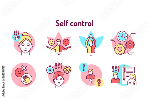 Self control color line icons set. Ability to regulate one's emotions, thoughts, and behavior in the face of temptations Pictogram for web page, mobile app, promo. Editable stroke