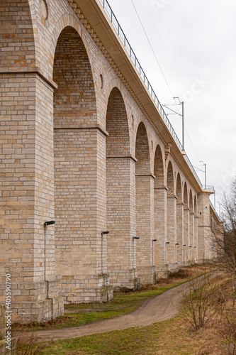 Rail viaduct over valley with river Bobr in Boleslawiec, Poland. Entirely built of stone in 1846. One of the longest masonry bridges of its type in Europe.  