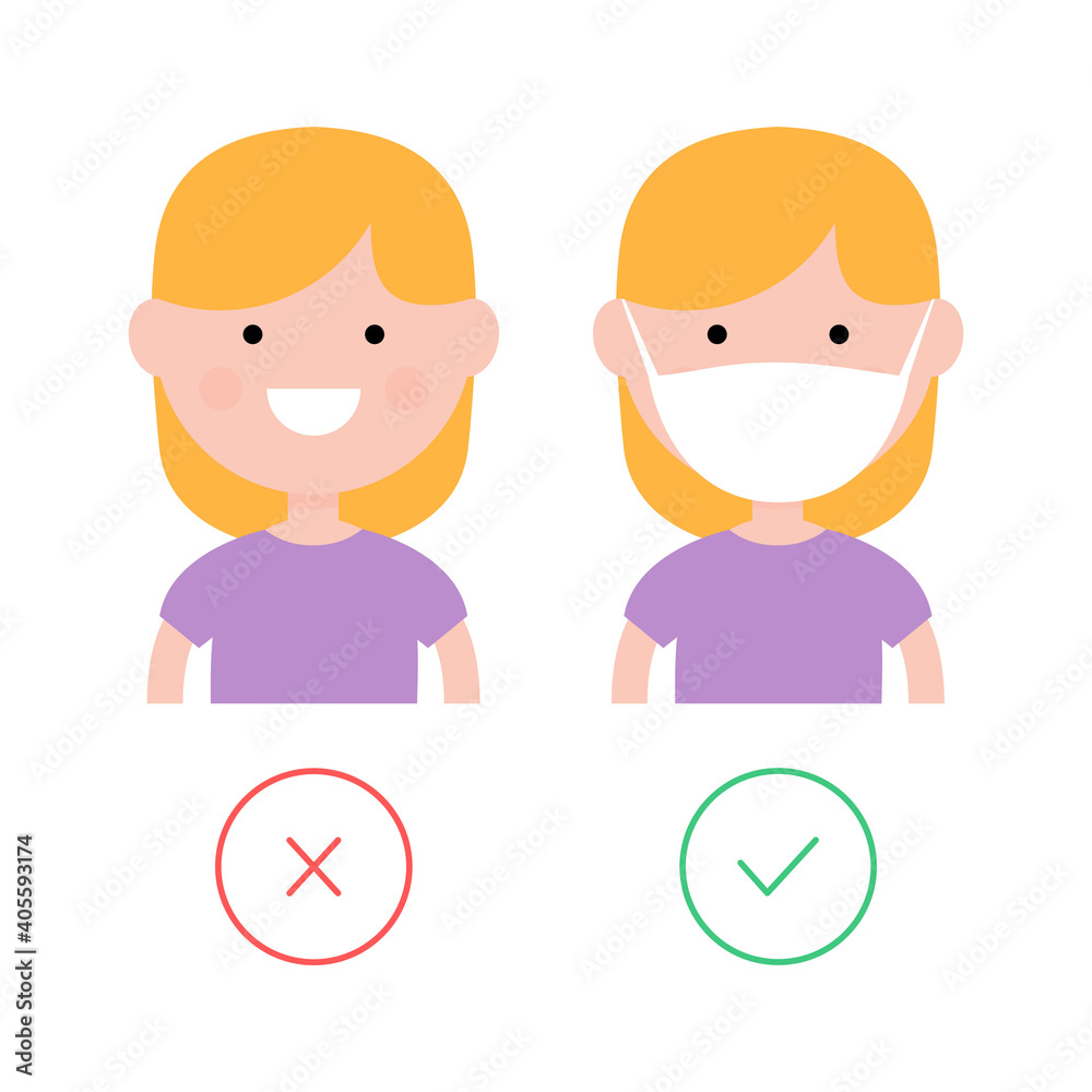 Cute funny girl wear with medical mask and without. Child in flue mask poster. Vector flat illustration isolated on white background. Cute funny girl wear with medical mask and without. Child in flue mask poster. Vector flat illustration isolated on white background.