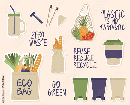 Zero waste collection of hand drawn items: glass cup, grocery bag with fruits and vegetables, bag for bread, menstrual cup. Lettering of eco phrases - "go green", "reuse, reduce, recycle".