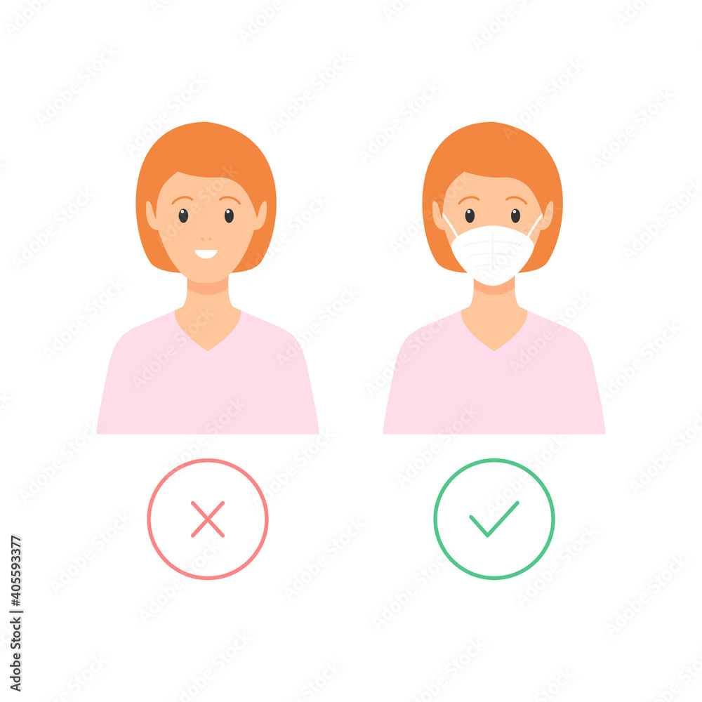 Women wear with medical mask and without. Mask required flat poster. Vector flat illustration isolated on white background. Women wear with medical mask and without. Mask required flat poster. Vector flat illustration isolated on white background.