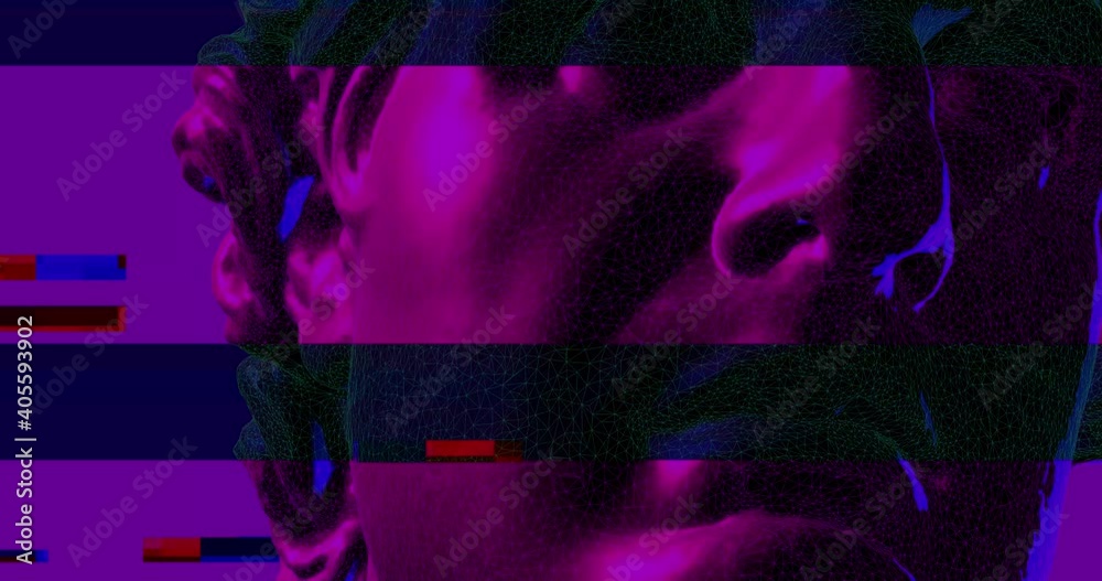 Neon bright colors with a 3D model of a roman statue head with glitch effect over. Glitch and noise over greek statue. Vaporwave colors and mood with techonology digital noise.
Classical statue head.