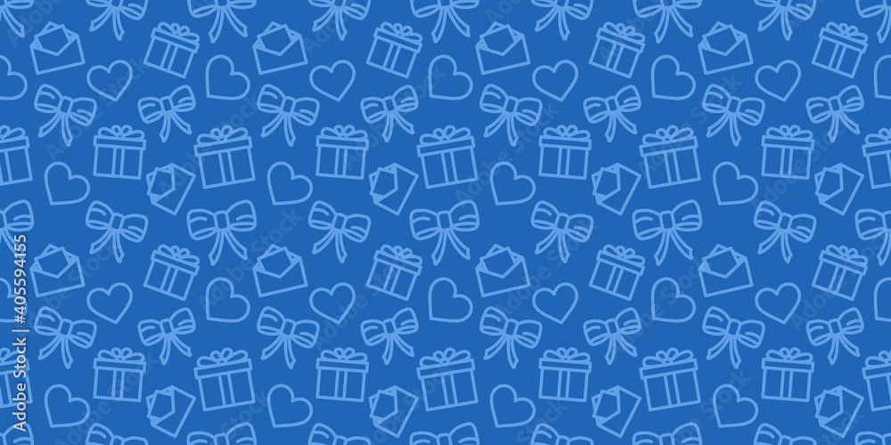 Valentines day seamless pattern. Wrapping paper ornament. Love holiday vector texture. Festive blue background with valentine's day icons. Hearts, gifts and bows in fabric repeatable design