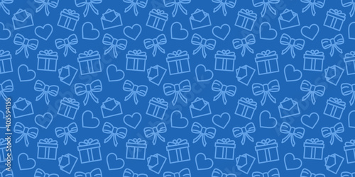 Valentines day seamless pattern. Wrapping paper ornament. Love holiday vector texture. Festive blue background with valentine's day icons. Hearts, gifts and bows in fabric repeatable design