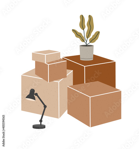 Vector illustration of cardboard boxes with home flower in concrete pot and lamp. Concept of moving to a new house, moving day. Hand-drawn set isolated on white background.