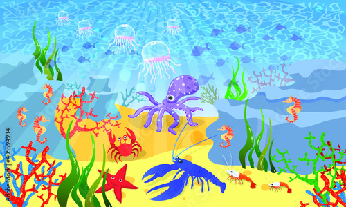 Undersea world. Marine animals, octopus shrimp, blue lobster, seahorses, crab. Print for children underwater. © Dana