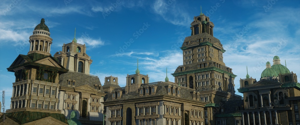 Urban landscape in a colonial style. Huge and massive stone buildings against bright blue sky with clouds. Photorealistic 3D illustration.