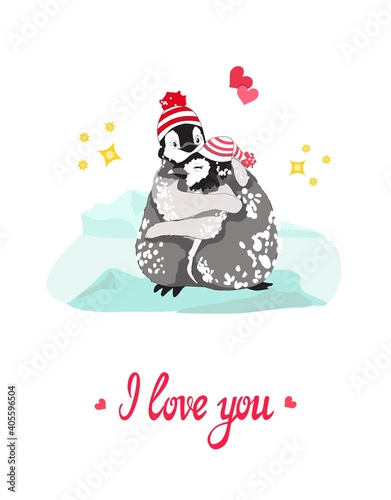 Cute cartoon penguins, boy and girl, in knitted hats, hugging in icy snowy arctic field, glacier, hearts, stars around, I love you brush lettering. Valentine, hug day, anniversary greeting card prints