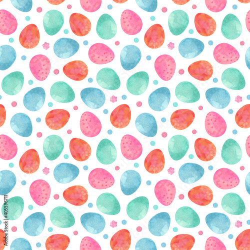 Easter seamless pattern with watercolor eggs. Wrapping paper, fabric, textile, wallpaper. Hand drawn illustration isolated on white background