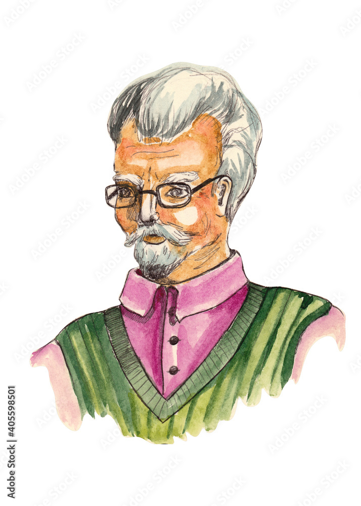 Portrait of an old man in glasses and with a beard. Cute granddad in cartoon style. Watercolor hand painted illustration isolated on white background.