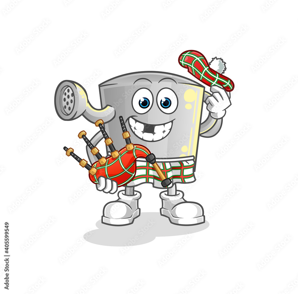 watering can scottish with bagpipes vector. cartoon character