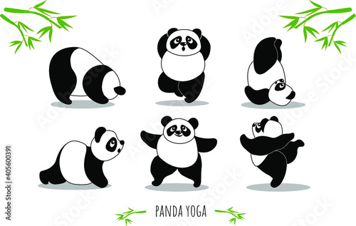Panda yoga, set of yoga poses, funny cartoon panda, bamboo branches. Vector illustration
