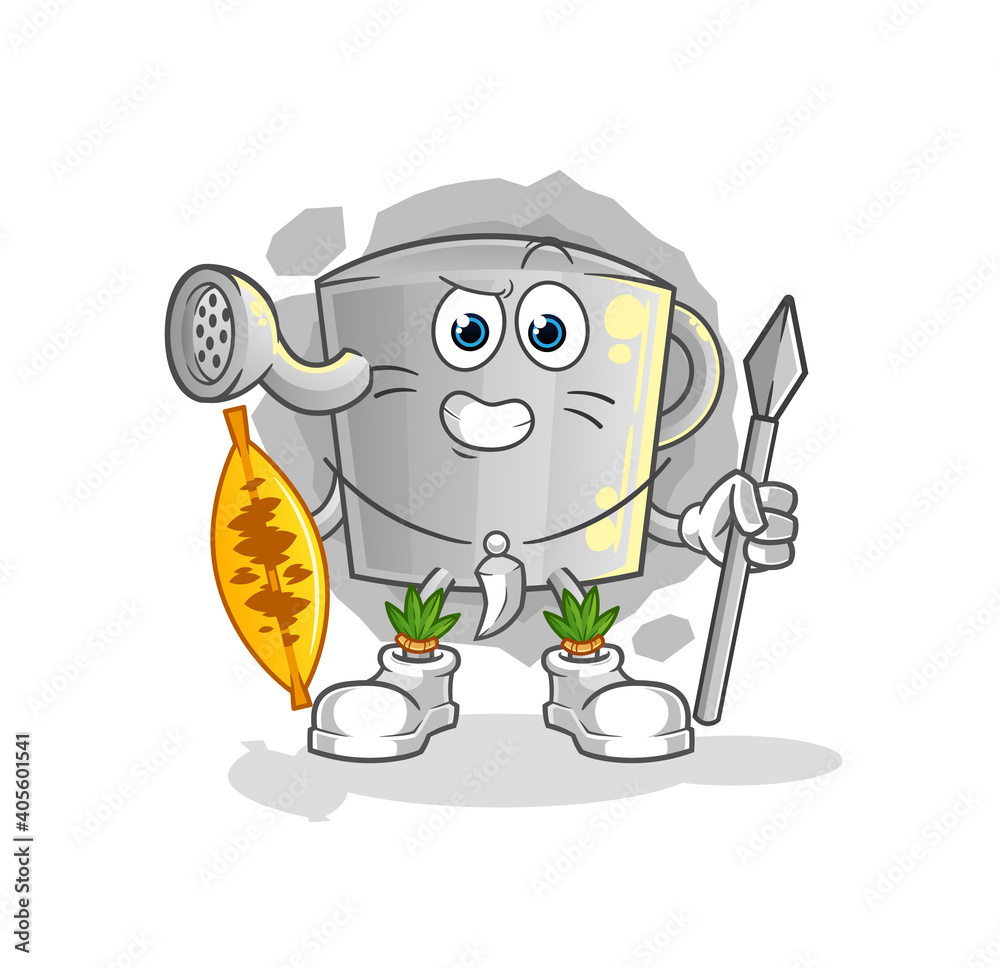Naklejka premium watering can african tribal fighter mascot. cartoon vector