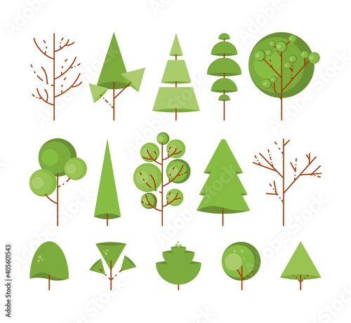 Collection of trees illustrations. Set of abstract stylized trees on a white background. Nature elements. Flat style. Vector illustration