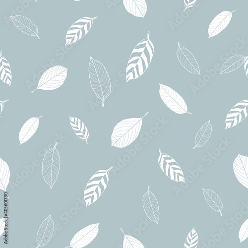Vector white linear leaves grey seamless pattern