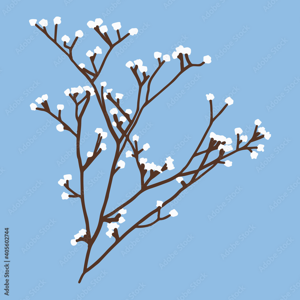 The vector illustration is presented in subtle shades of brown, white and blue. Single element of apricot branch.