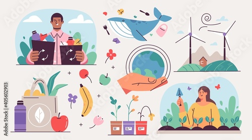 Collection of ecology illustrations. Eco friendly people set protecting the environment, sorting and collecting waste, using alternative energy and ecological transport. Vector