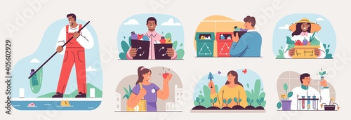 Collection of ecology illustrations. Eco friendly people set protecting the environment, sorting and collecting waste, using alternative energy and ecological transport. Vector