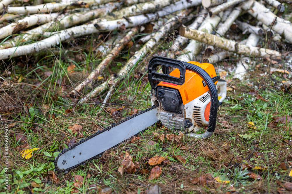 Close-up of ready to work chainsaw.