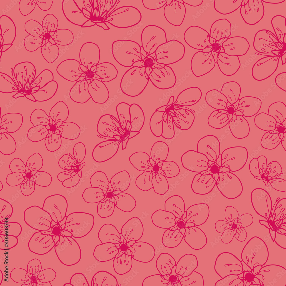 Plakat Vector red cherry flowers pink seamless pattern