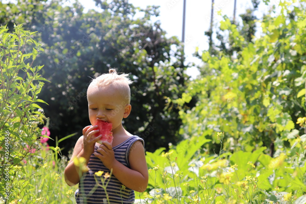 Little blond boy eating juicy watermelon in summer in the garden selective focus. Little blond boy eating juicy watermelon in summer in the garden selective focus.