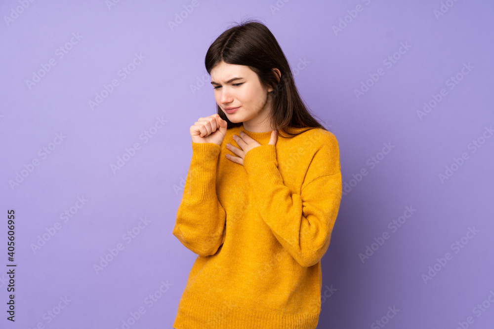 Young Ukrainian teenager girl over isolated purple background is suffering with cough and feeling bad Young Ukrainian teenager girl over isolated purple background is suffering with cough and feeling bad